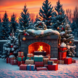 A cozy outdoor Christmas scene featuring a snow-covered fireplace surrounded by neatly stacked colorful gift boxes