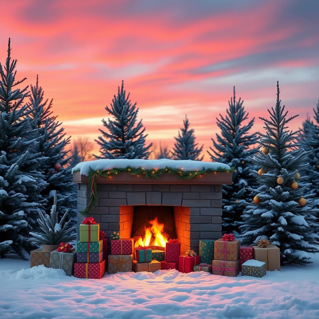 A cozy outdoor Christmas scene featuring a snow-covered fireplace surrounded by neatly stacked colorful gift boxes