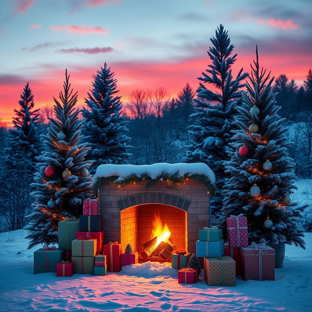 A cozy outdoor Christmas scene featuring a snow-covered fireplace surrounded by neatly stacked colorful gift boxes