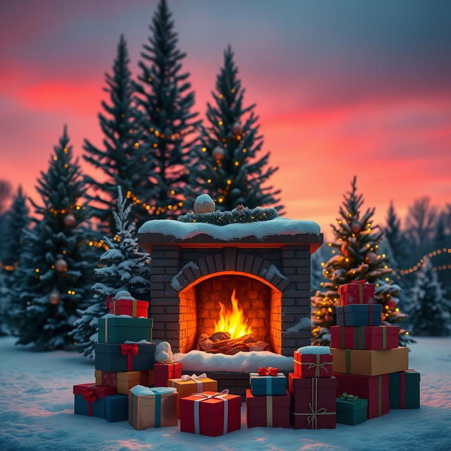 A cozy outdoor Christmas scene featuring a snow-covered fireplace surrounded by neatly stacked colorful gift boxes