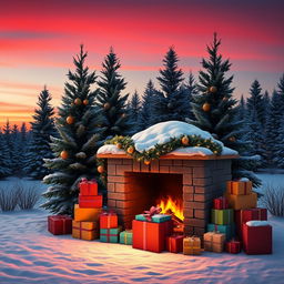 A cozy outdoor Christmas scene featuring a snow-covered fireplace surrounded by neatly stacked colorful gift boxes
