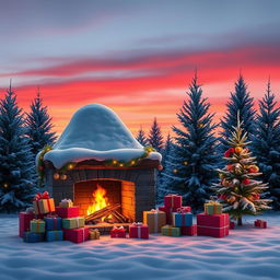 A cozy outdoor Christmas scene featuring a snow-covered fireplace surrounded by neatly stacked colorful gift boxes