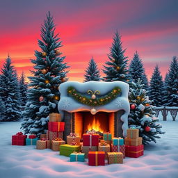 A cozy outdoor Christmas scene featuring a snow-covered fireplace surrounded by neatly stacked colorful gift boxes