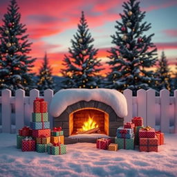 A cozy outdoor Christmas scene featuring a snow-covered fireplace surrounded by neatly stacked colorful gift boxes in festive wrapping
