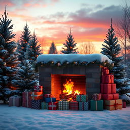 A cozy outdoor Christmas scene featuring a snow-covered fireplace surrounded by neatly stacked colorful gift boxes in festive wrapping