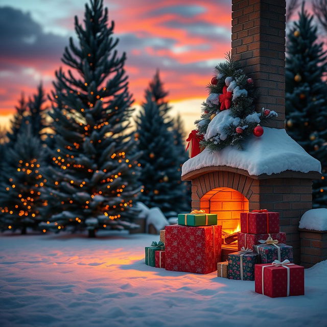 A cozy outdoor Christmas scene featuring a snow-covered fireplace surrounded by neatly stacked colorful gift boxes in festive wrapping