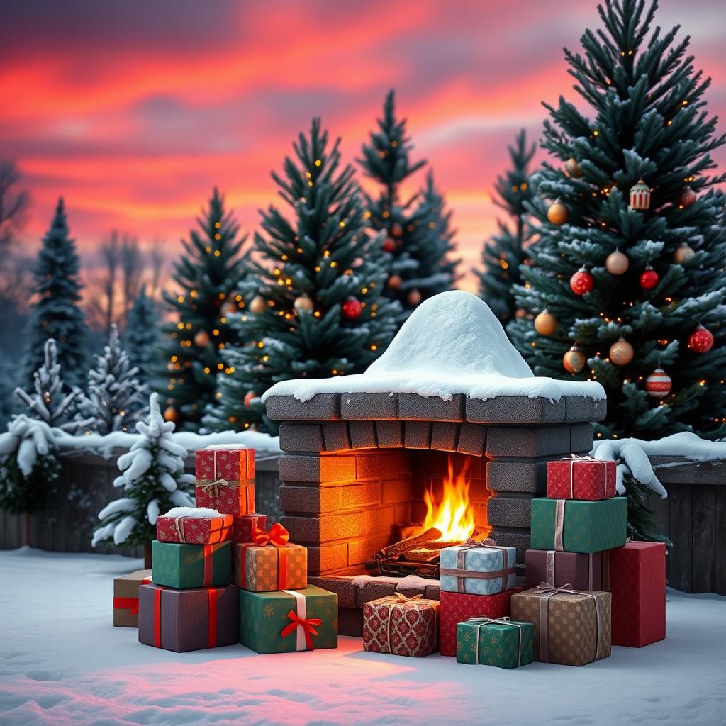 A cozy outdoor Christmas scene featuring a snow-covered fireplace surrounded by neatly stacked colorful gift boxes in festive wrapping