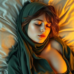 A gorgeous, stunning 18-year-old Russian girl with a green hijab lying on a bed