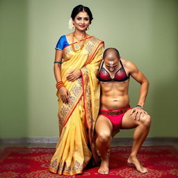 An elegant Indian woman wearing a beautifully draped saree with intricate embroidery, standing gracefully and showcasing her traditional attire