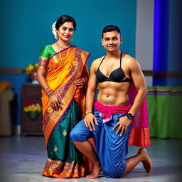 An elegant Indian woman wearing a beautifully draped saree with intricate embroidery, standing gracefully and showcasing her traditional attire