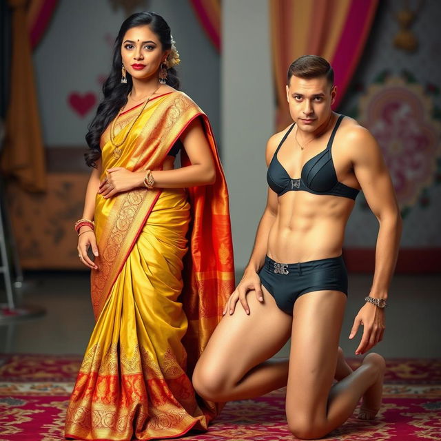 An elegant Indian woman wearing a beautifully draped saree with intricate embroidery, standing gracefully and showcasing her traditional attire