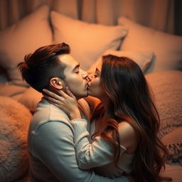A passionate kiss between a couple in an intimate setting, with soft lighting casting a warm glow on their faces