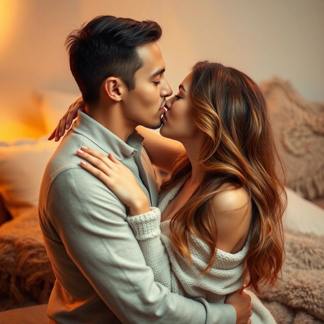 A passionate kiss between a couple in an intimate setting, with soft lighting casting a warm glow on their faces