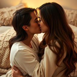 A passionate kiss between a couple in an intimate setting, with soft lighting casting a warm glow on their faces
