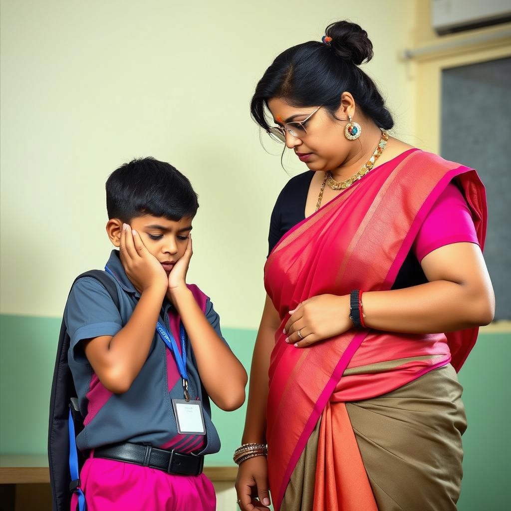 A classroom setting featuring a female teacher in traditional attire, wearing a red and beige saree, interacting with a young student
