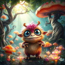 A cute little monster with large, sparkling eyes and colorful fur, standing in a vibrant forest filled with oversized mushrooms and glowing flowers