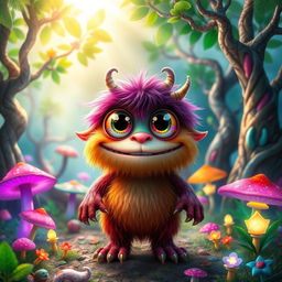 A cute little monster with large, sparkling eyes and colorful fur, standing in a vibrant forest filled with oversized mushrooms and glowing flowers