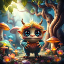 A cute little monster with large, sparkling eyes and colorful fur, standing in a vibrant forest filled with oversized mushrooms and glowing flowers