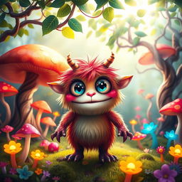 A cute little monster with large, sparkling eyes and colorful fur, standing in a vibrant forest filled with oversized mushrooms and glowing flowers