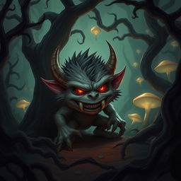 A small, mischievous monster with sharp teeth and glowing red eyes, lurking in a dark, enchanted forest