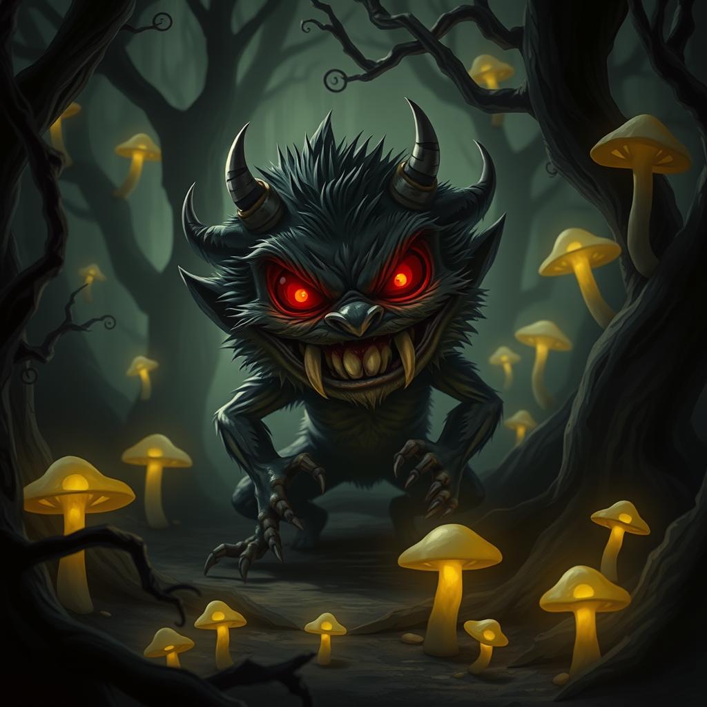 A small, mischievous monster with sharp teeth and glowing red eyes, lurking in a dark, enchanted forest