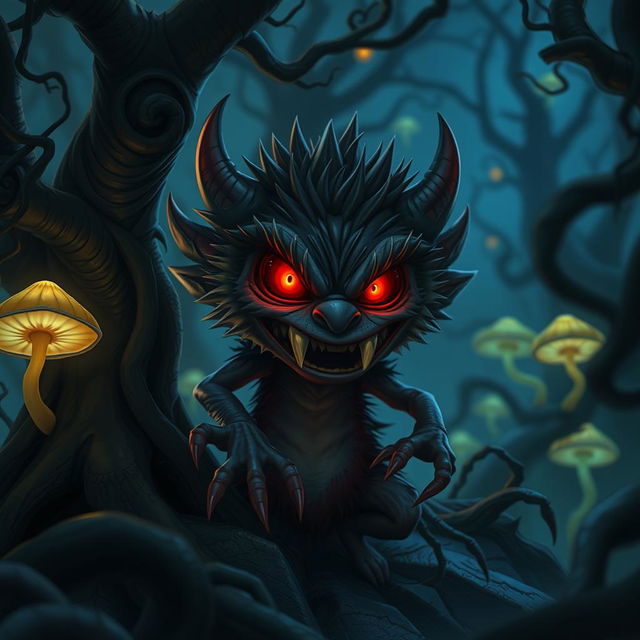 A small, mischievous monster with sharp teeth and glowing red eyes, lurking in a dark, enchanted forest