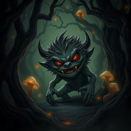 A small, mischievous monster with sharp teeth and glowing red eyes, lurking in a dark, enchanted forest