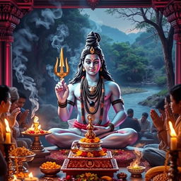 A serene and captivating image of Lord Shiva in a worship setting, depicting him in a meditative pose, surrounded by incense smoke and worshippers in prayer