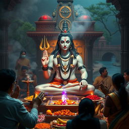 A serene and captivating image of Lord Shiva in a worship setting, depicting him in a meditative pose, surrounded by incense smoke and worshippers in prayer