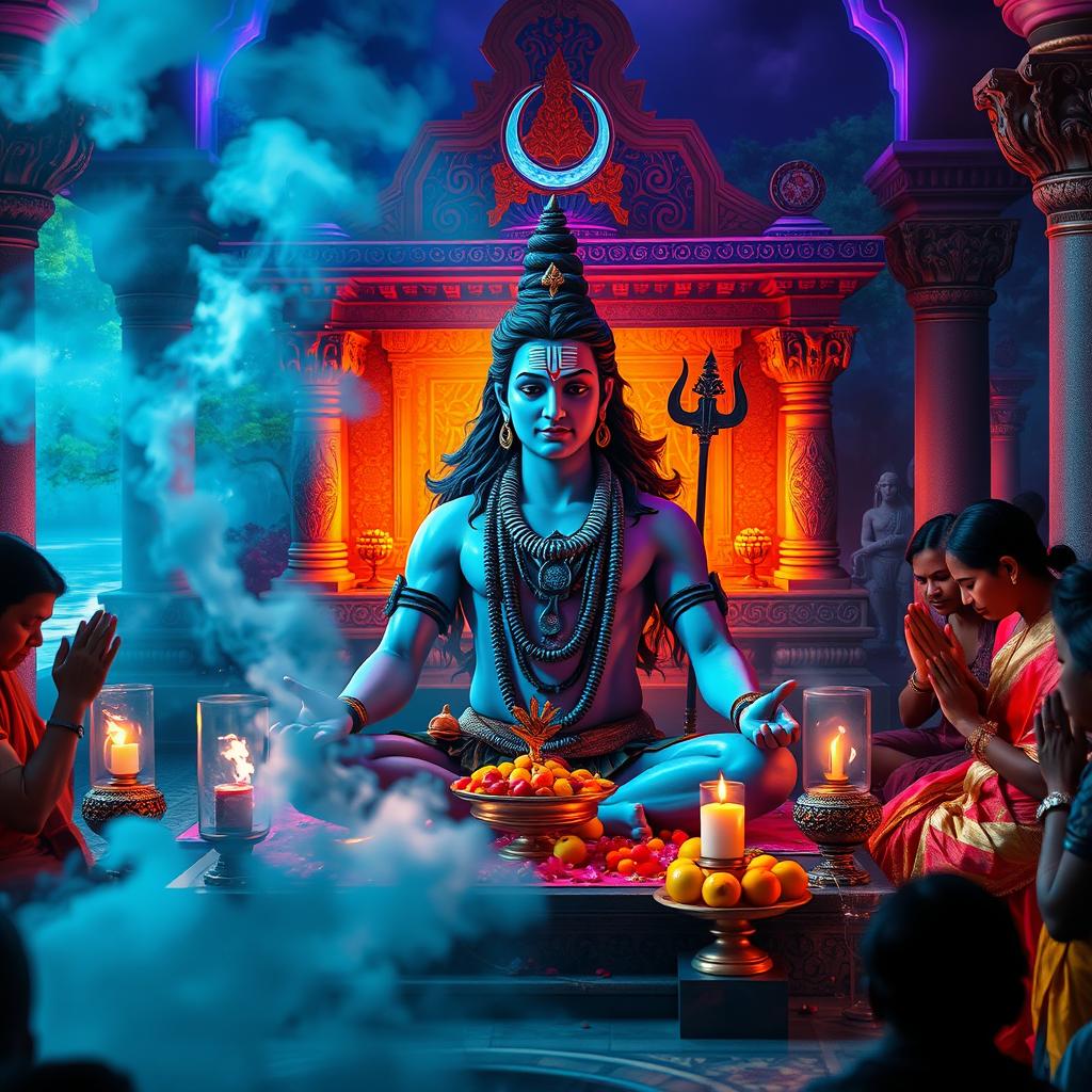A serene and captivating image of Lord Shiva in a worship setting, depicting him in a meditative pose, surrounded by incense smoke and worshippers in prayer
