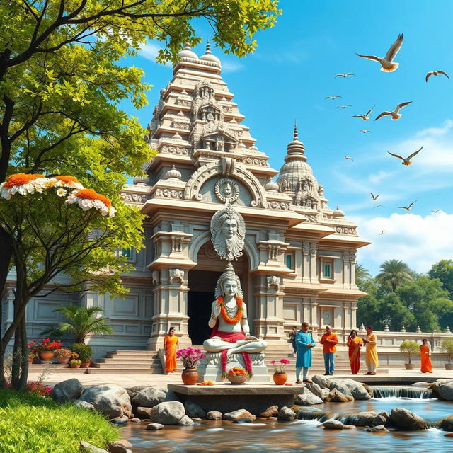 A majestic and serene temple dedicated to Lord Shiva, showcasing traditional Indian architecture with intricate carvings and sculptures of deities