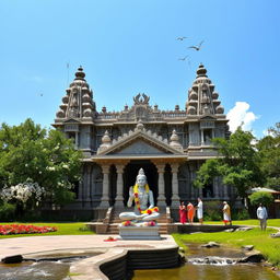 A majestic and serene temple dedicated to Lord Shiva, showcasing traditional Indian architecture with intricate carvings and sculptures of deities