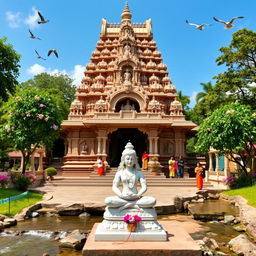 A majestic and serene temple dedicated to Lord Shiva, showcasing traditional Indian architecture with intricate carvings and sculptures of deities