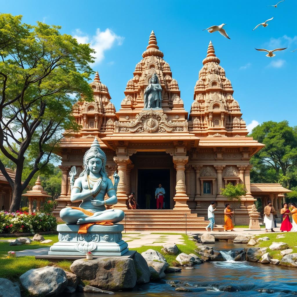 A majestic and serene temple dedicated to Lord Shiva, showcasing traditional Indian architecture with intricate carvings and sculptures of deities