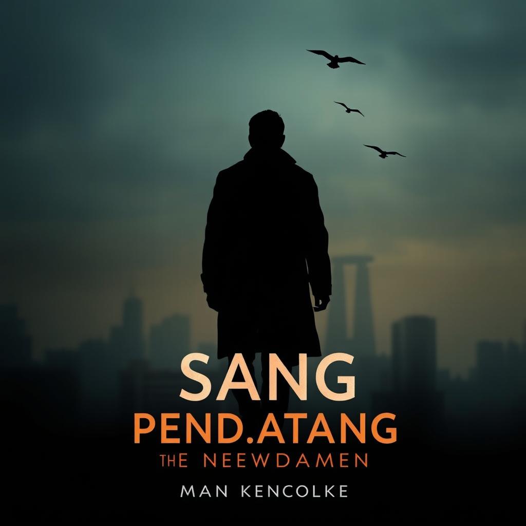 A dramatic and aesthetic book cover for a novel titled 'Sang Pendatang' (The Newcomer), featuring a lone silhouetted figure walking towards a distant, shadowy cityscape in a moody late afternoon/early evening setting
