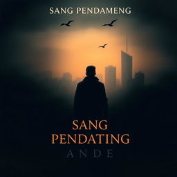 A dramatic and aesthetic book cover for a novel titled 'Sang Pendatang' (The Newcomer), featuring a lone silhouetted figure walking towards a distant, shadowy cityscape in a moody late afternoon/early evening setting