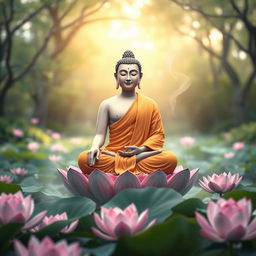 A serene image of Lord Buddha in a meditative pose, sitting cross-legged on a lotus flower