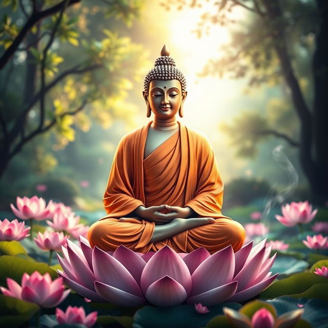 A serene image of Lord Buddha in a meditative pose, sitting cross-legged on a lotus flower