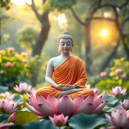 A serene image of Lord Buddha in a meditative pose, sitting cross-legged on a lotus flower