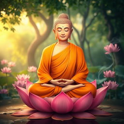 A serene image of Lord Buddha in a meditative pose, sitting cross-legged on a lotus flower