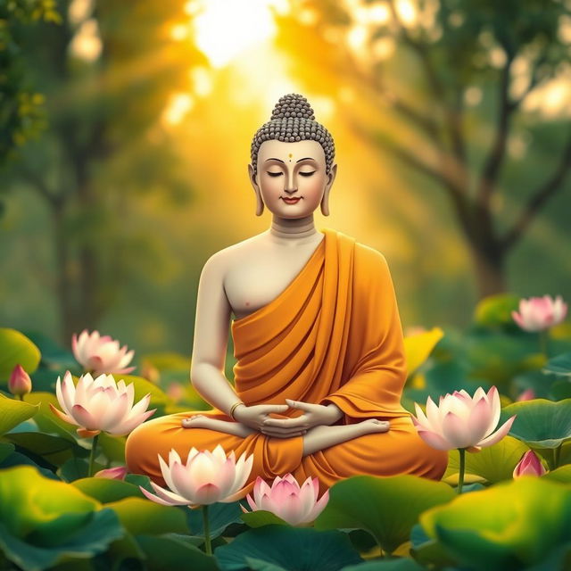 A serene and tranquil depiction of Lord Buddha seated in a meditative pose, surrounded by lush greenery and blooming lotus flowers