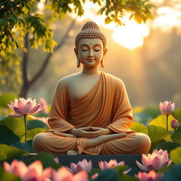 A serene and tranquil depiction of Lord Buddha seated in a meditative pose, surrounded by lush greenery and blooming lotus flowers