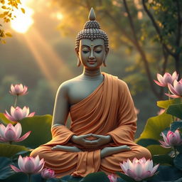A serene and tranquil depiction of Lord Buddha seated in a meditative pose, surrounded by lush greenery and blooming lotus flowers