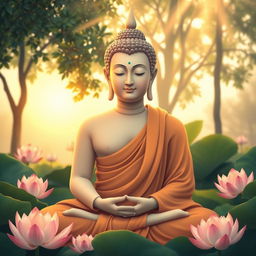 A serene and tranquil depiction of Lord Buddha seated in a meditative pose, surrounded by lush greenery and blooming lotus flowers