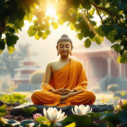 A serene and peaceful depiction of Lord Buddha sitting under the Bodhi tree after attaining enlightenment