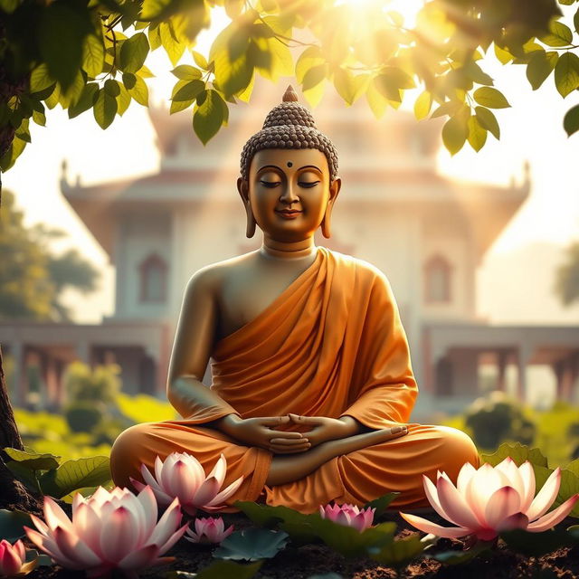 A serene and peaceful depiction of Lord Buddha sitting under the Bodhi tree after attaining enlightenment