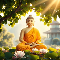 A serene and peaceful depiction of Lord Buddha sitting under the Bodhi tree after attaining enlightenment