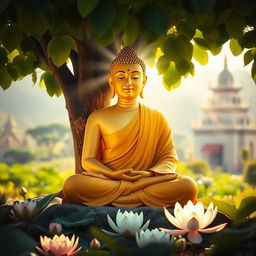 A serene and peaceful depiction of Lord Buddha sitting under the Bodhi tree after attaining enlightenment
