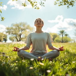 A serene scene of a person meditating peacefully in a bright, sunny environment