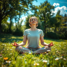 A serene scene of a person meditating peacefully in a bright, sunny environment